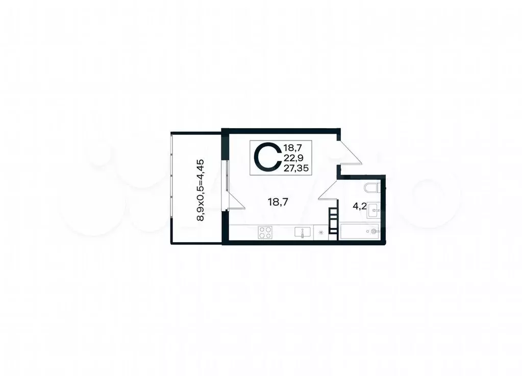 Квартира-студия, 27,4 м, 4/4 эт. - Фото 1