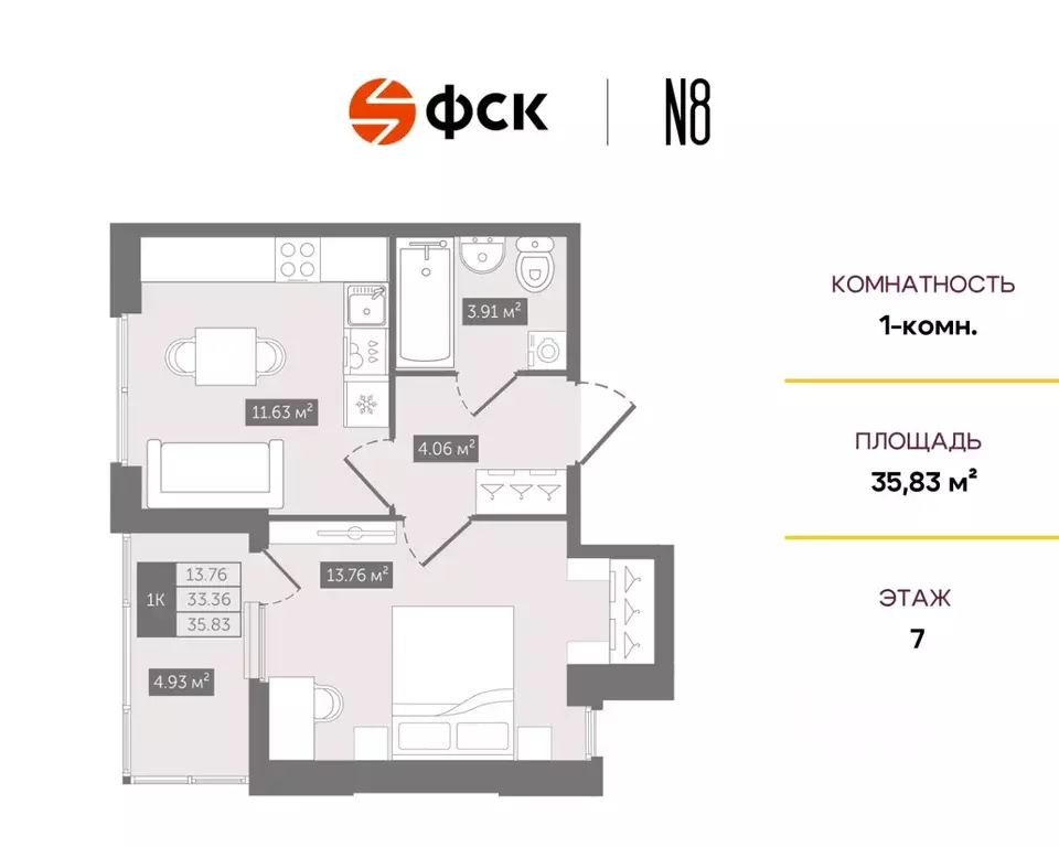 1-к кв. Санкт-Петербург Новгородская ул., 8Б (35.83 м) - Фото 0