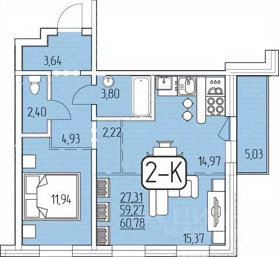 2-к кв. Бурятия, Улан-Удэ 105-й мкр,  (60.78 м) - Фото 1