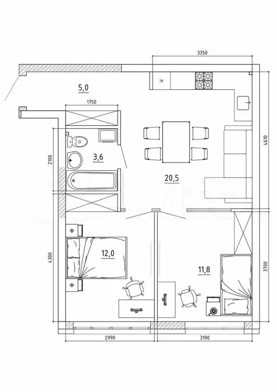 2-к. квартира, 53 м, 4/8 эт. - Фото 0