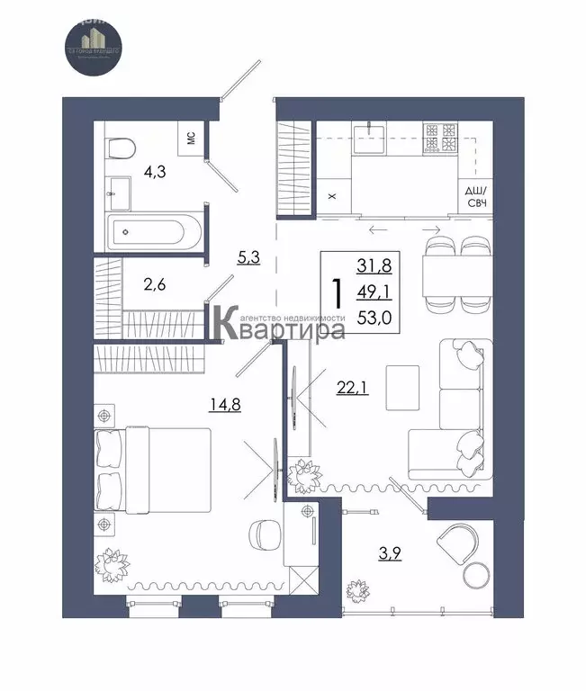 1-комнатная квартира: Смоленск, 2-я Киевская улица, 1/29 (53 м) - Фото 0