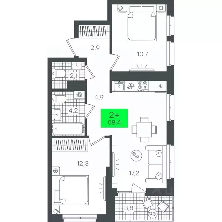 2-к кв. Тюменская область, Тюмень ул. Василия Малкова, 19 (58.46 м) - Фото 0