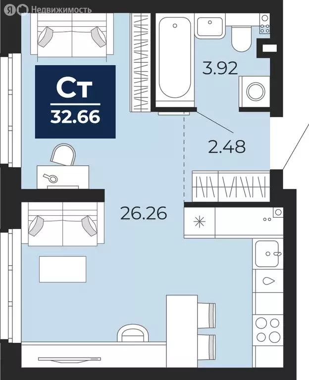 Квартира-студия: Тюмень, Камчатская улица, 109к1 (32.66 м) - Фото 1