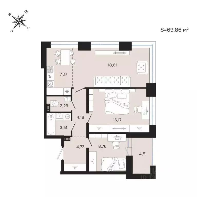 3-к кв. Карелия, Петрозаводск Береговая ул. (69.86 м) - Фото 1