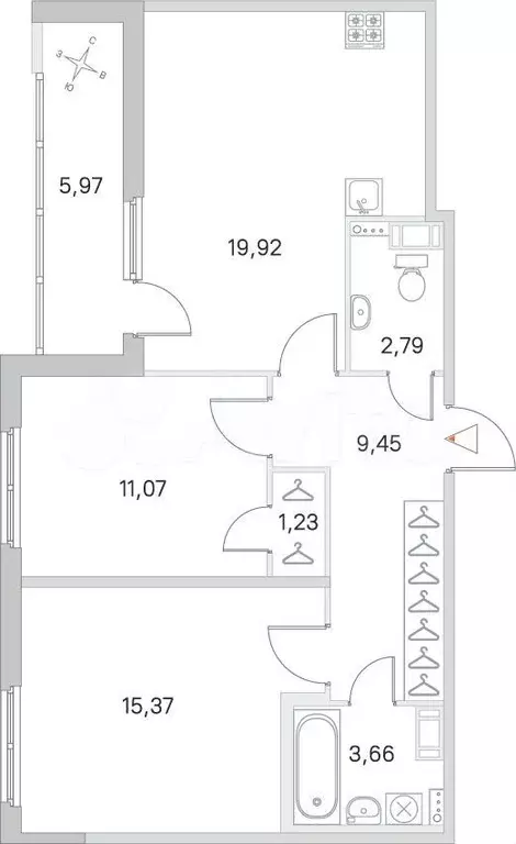 2-к. квартира, 66,5м, 4/4эт. - Фото 0