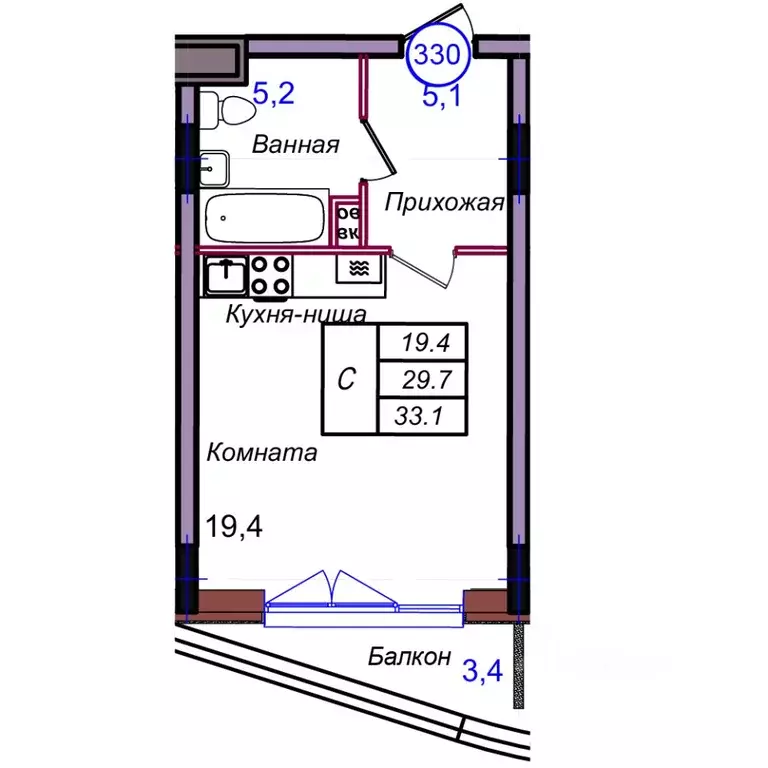 Студия Калининградская область, Светлогорск Балтийская ул. (33.1 м) - Фото 1
