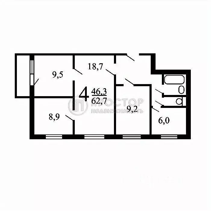 Квартира, 4 комнаты, 62.6 м - Фото 0