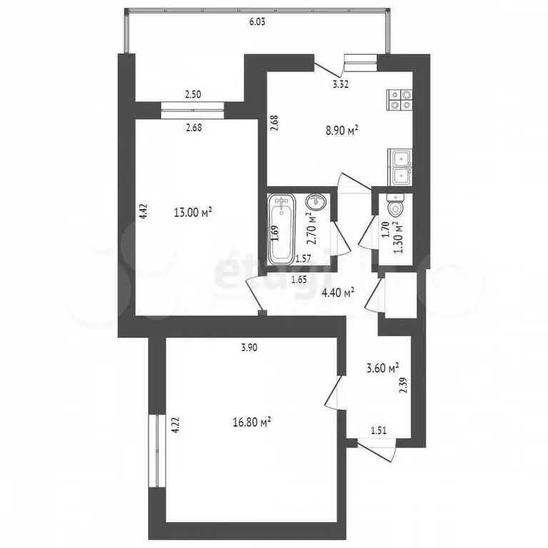 2-к. квартира, 51,5 м, 1/5 эт. - Фото 0