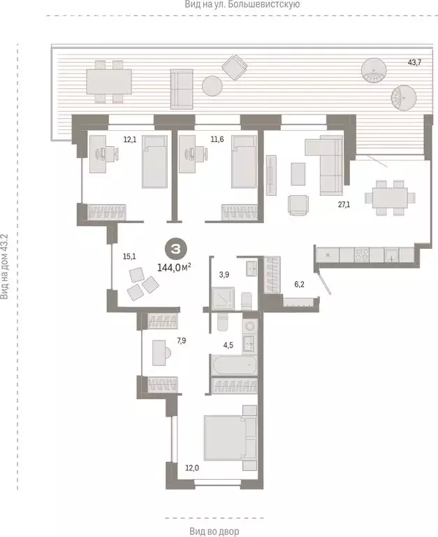 3-комнатная квартира: Новосибирск, Большевистская улица, 88 (143.99 м) - Фото 0