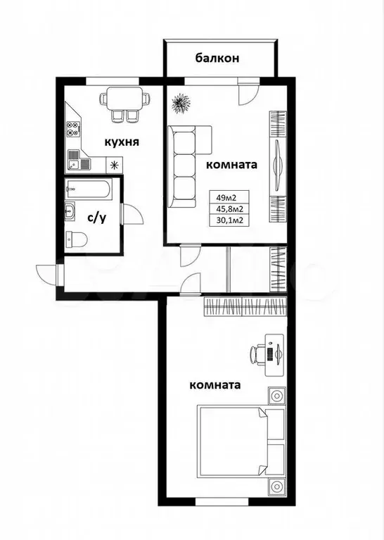 2-к. квартира, 49 м, 5/5 эт. - Фото 0