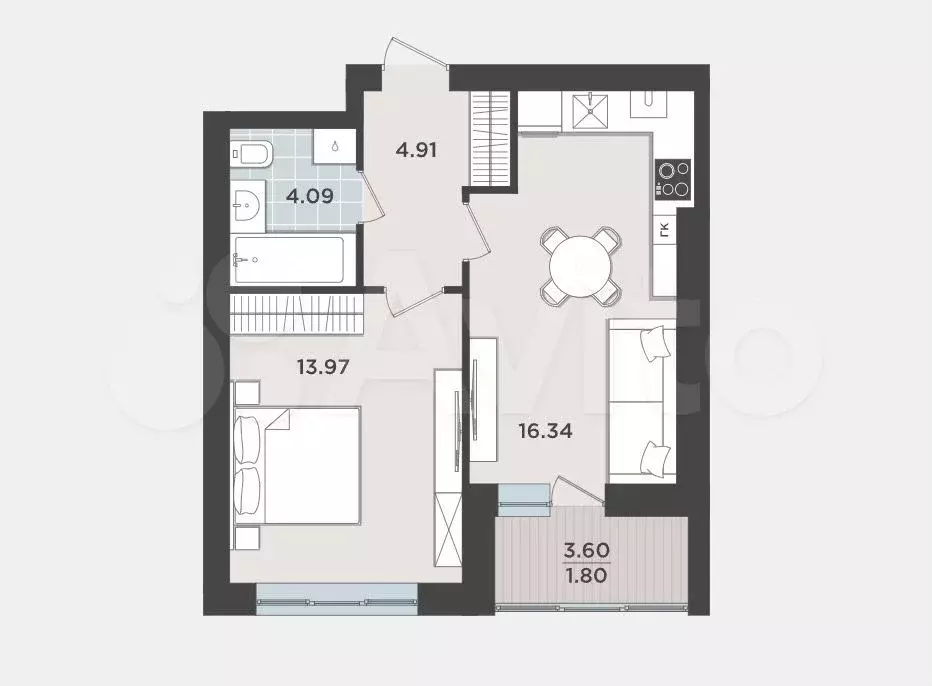 1-к. квартира, 41,1 м, 5/9 эт. - Фото 1