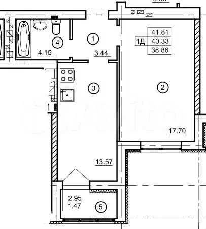 1-к. квартира, 40 м, 5/9 эт. - Фото 1