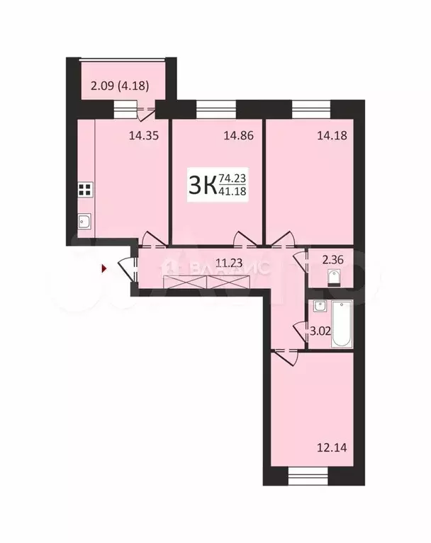 3-к. квартира, 74,2 м, 8/9 эт. - Фото 0