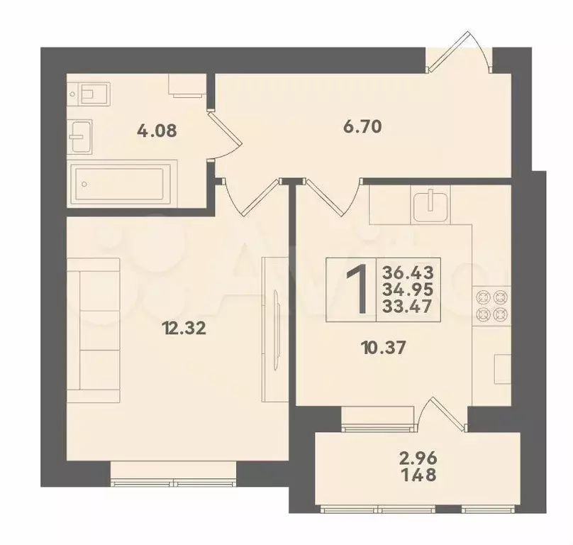 1-к. квартира, 36,4м, 2/4эт. - Фото 1