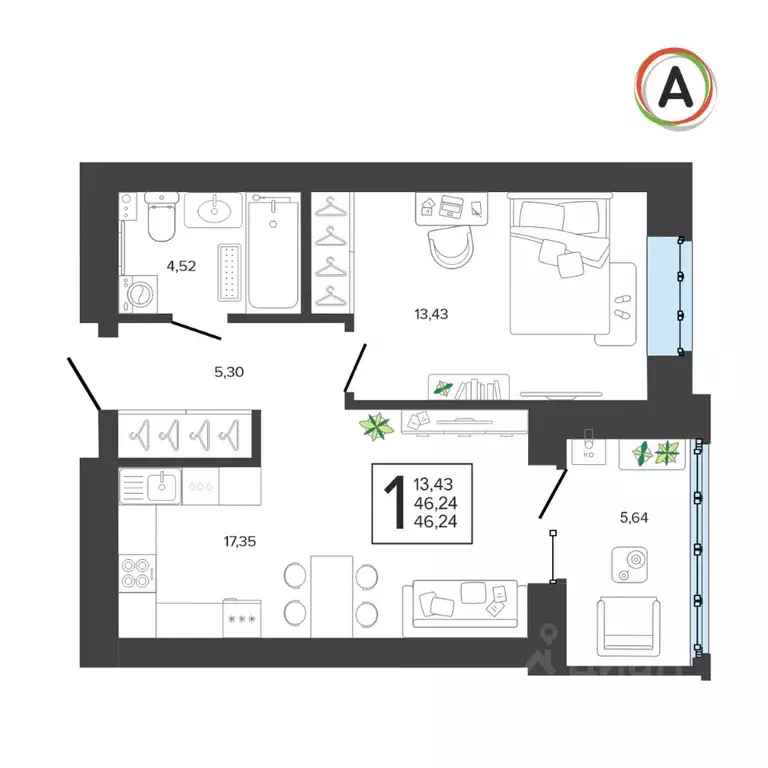 1-к кв. Брянская область, Брянск Архитектор жилой комплекс (46.24 м) - Фото 1