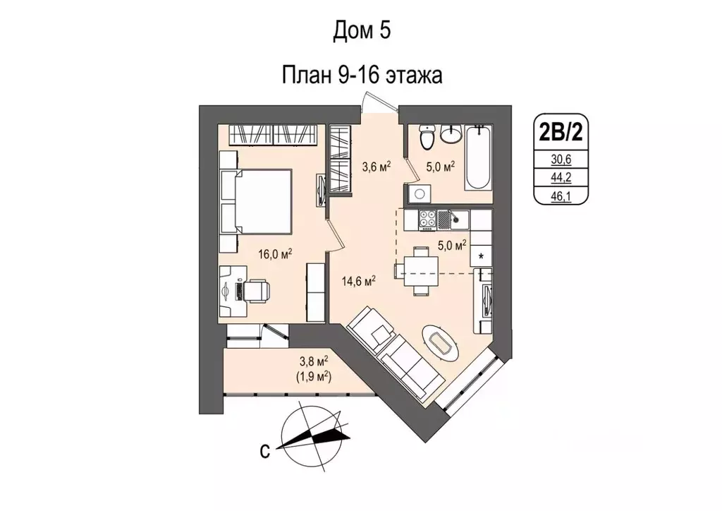 2-к кв. Кемеровская область, Кемерово 55-й мкр, 5 (46.1 м) - Фото 0