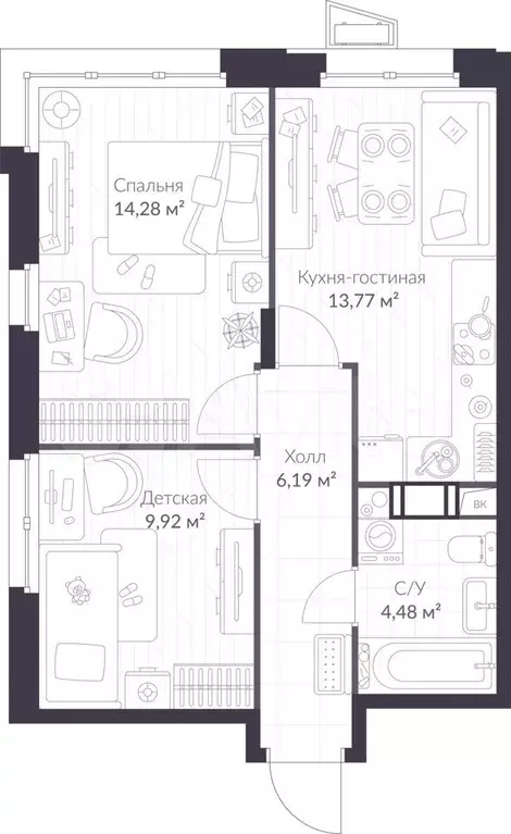 2-к. квартира, 48,6 м, 4/11 эт. - Фото 1