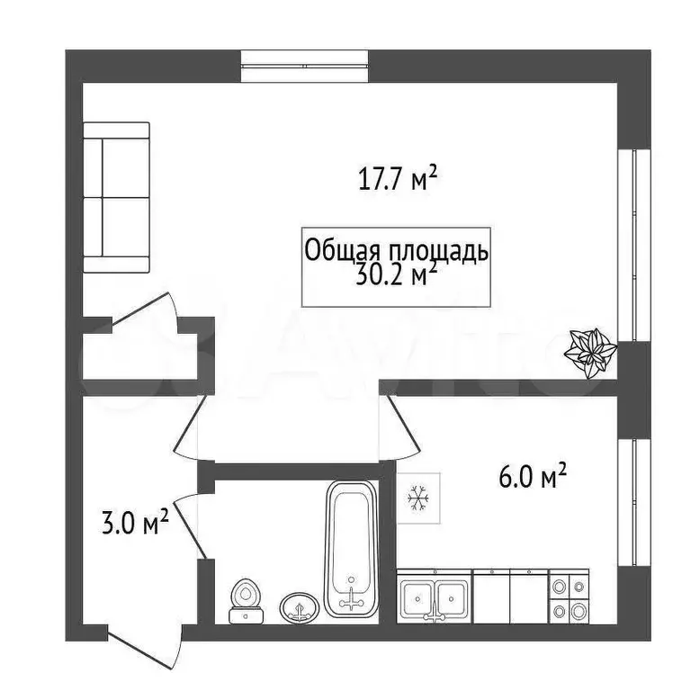1-к. квартира, 30,2 м, 4/5 эт. - Фото 0