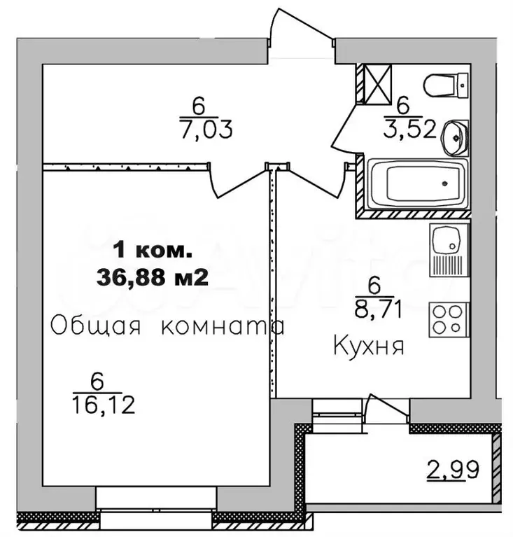 1-к. квартира, 36,9 м, 5/9 эт. - Фото 0