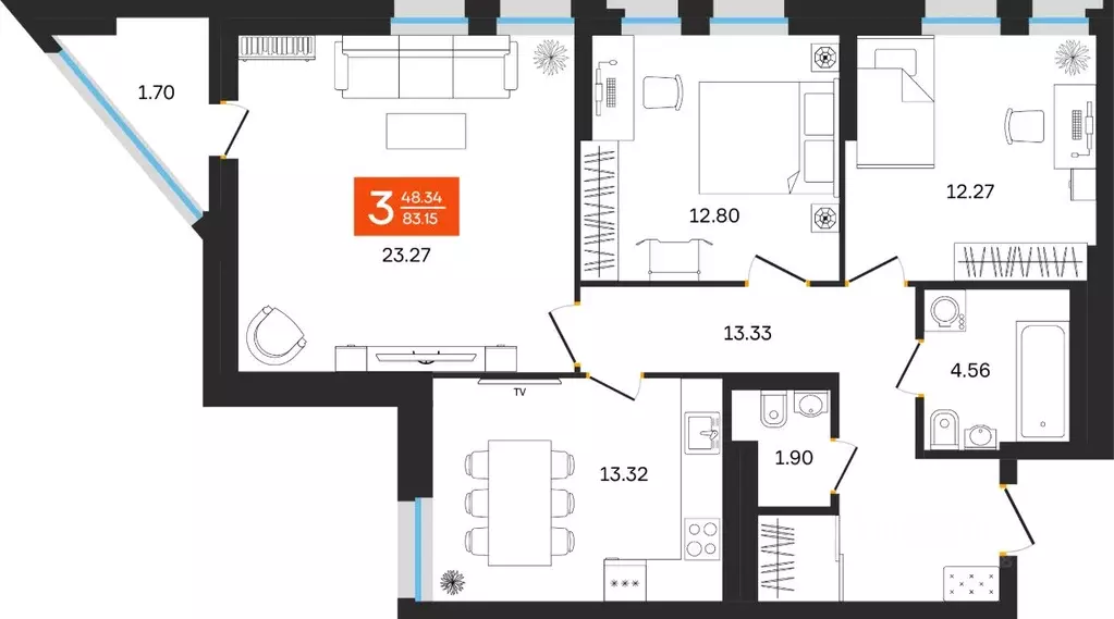 3-к кв. Башкортостан, Уфа ул. Султанова, 28 (83.15 м) - Фото 1