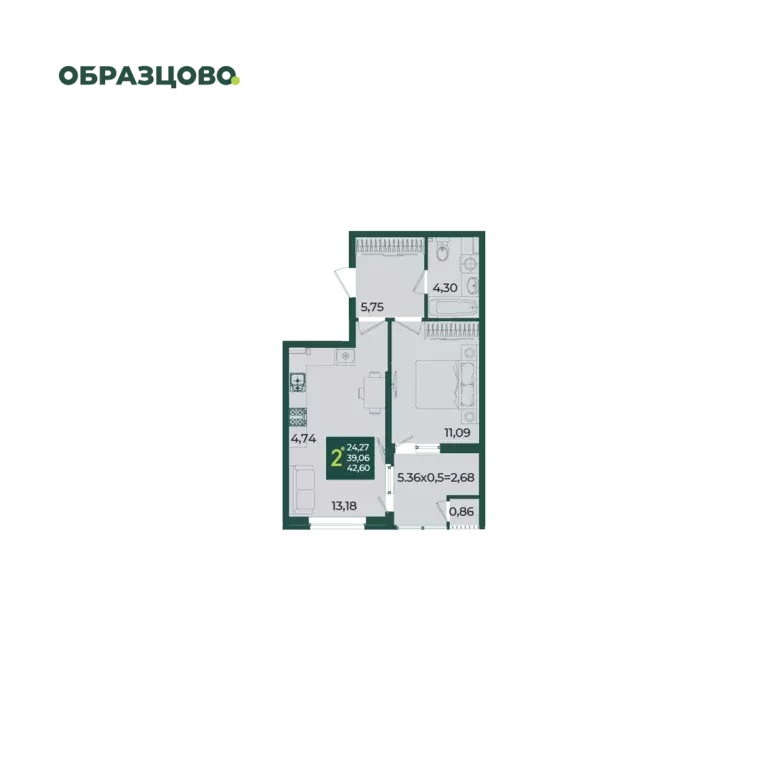 2-к квартира, 44.85 м - Фото 0