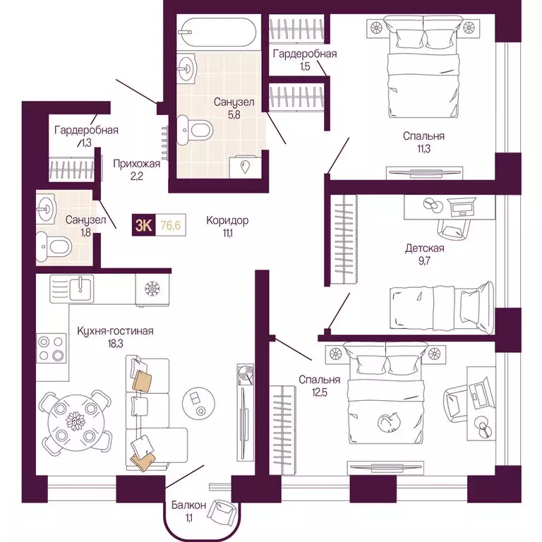 3-комнатная квартира: Нижний Новгород, Нижегородский район (75.8 м) - Фото 1