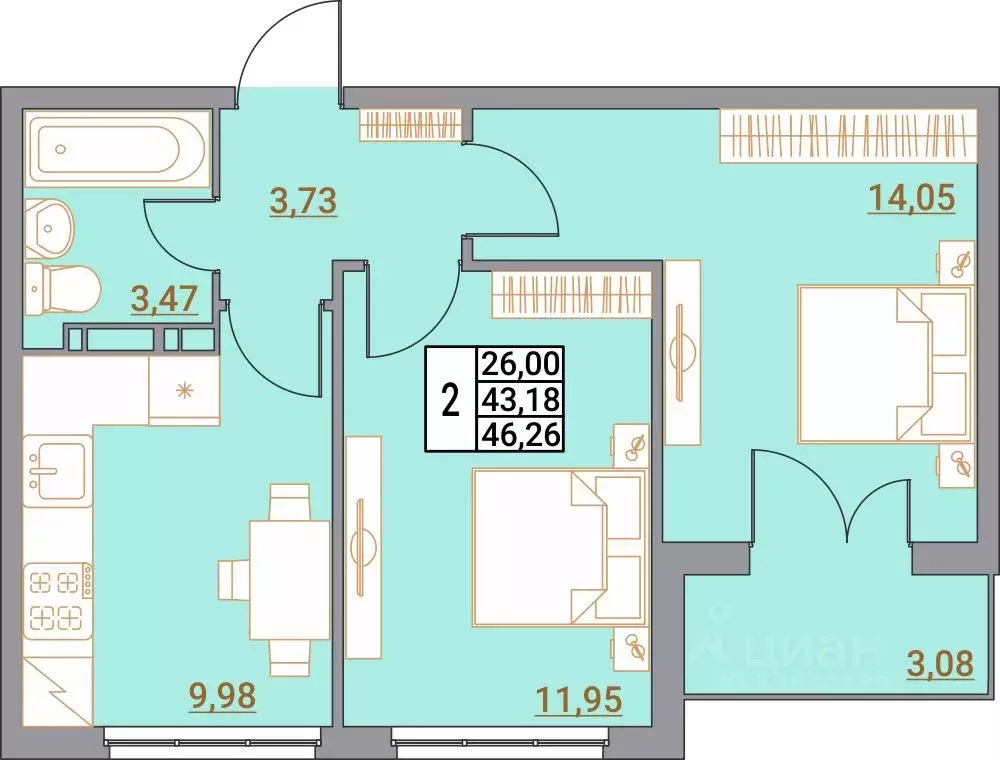 2-к кв. Волгоградская область, Волгоград Удмуртская ул., 75 (46.26 м) - Фото 1