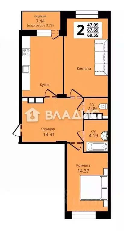 2-к кв. Владимирская область, Владимир ул. Мира, 3 (69.55 м) - Фото 1