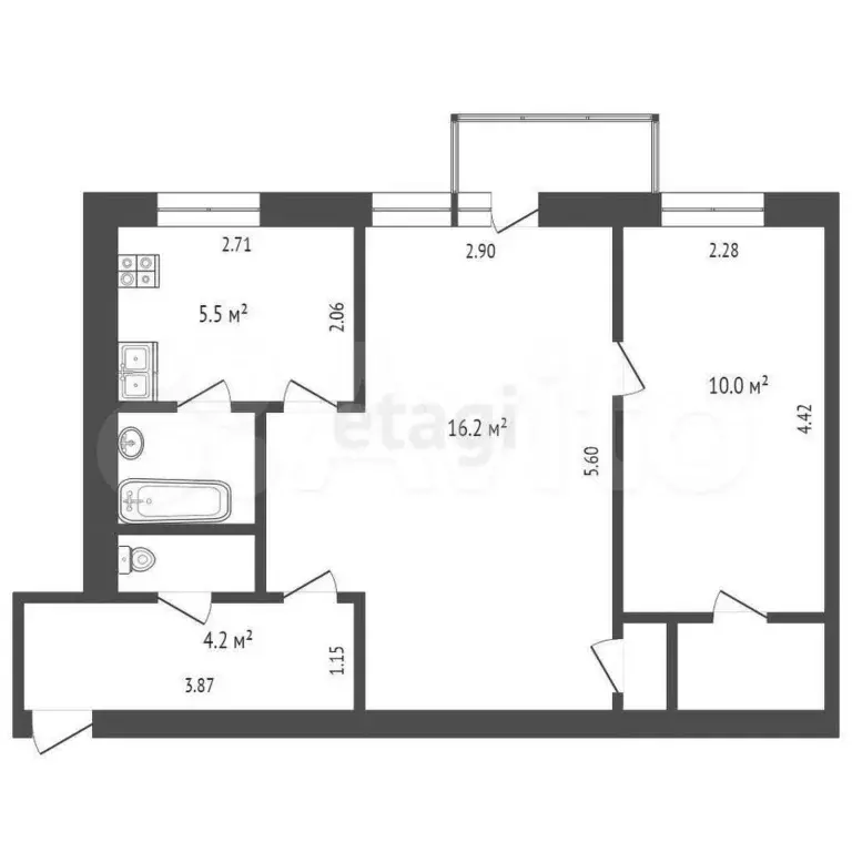 2-к. квартира, 44,1 м, 3/5 эт. - Фото 0