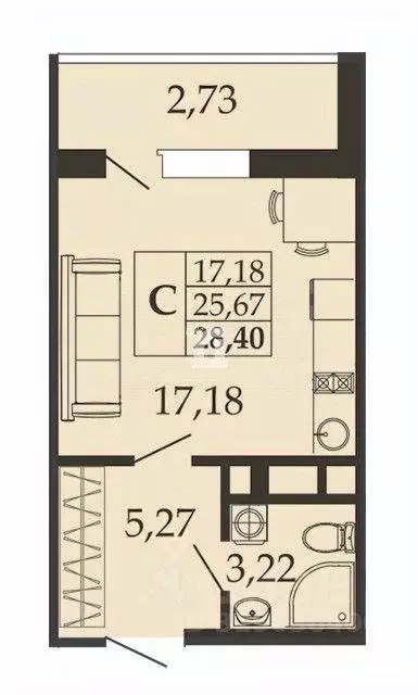 Квартира, студия, 28.4 м - Фото 1