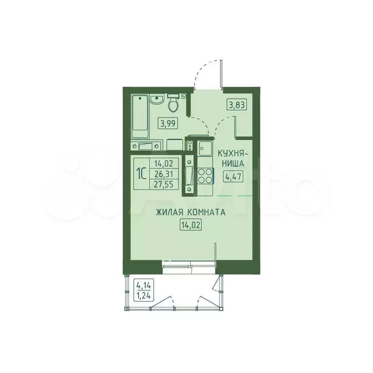 Квартира-студия, 27,6 м, 2/15 эт. - Фото 0