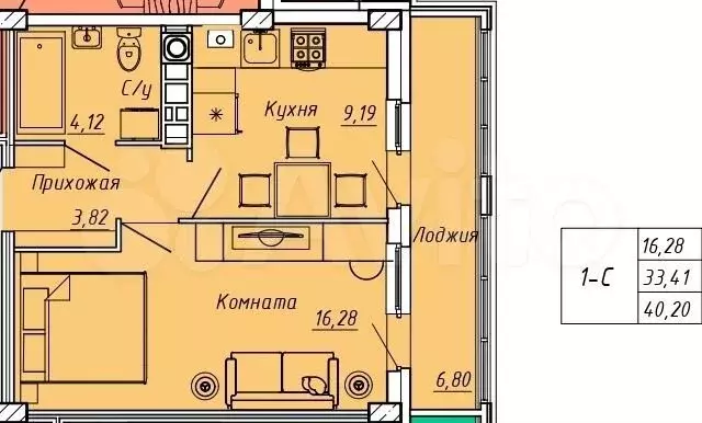 1-к. квартира, 40,2 м, 4/9 эт. - Фото 0