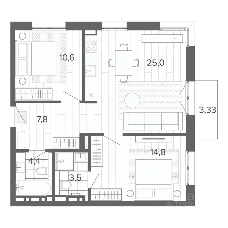 3-к кв. Алтайский край, Барнаул тракт Змеиногорский, 35Б (69.05 м) - Фото 1