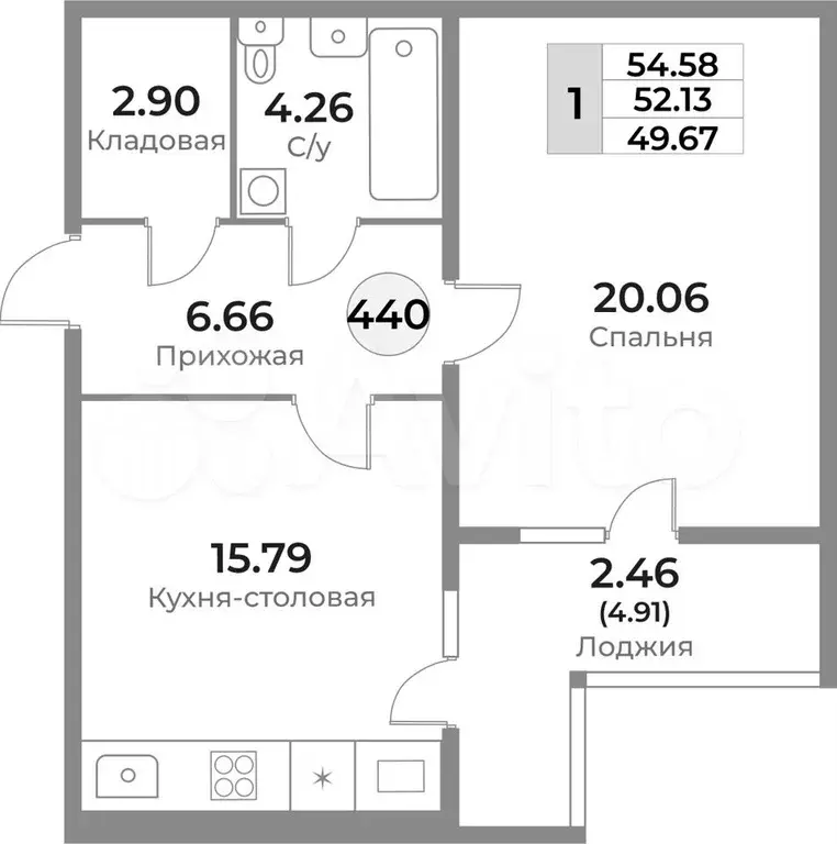 1-к. квартира, 52,1 м, 4/10 эт. - Фото 1