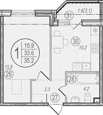 1-к. квартира, 33,6 м, 2/9 эт. - Фото 0