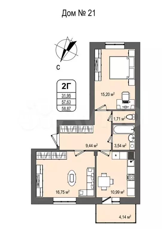 2-к. квартира, 59,4м, 7/9эт. - Фото 1