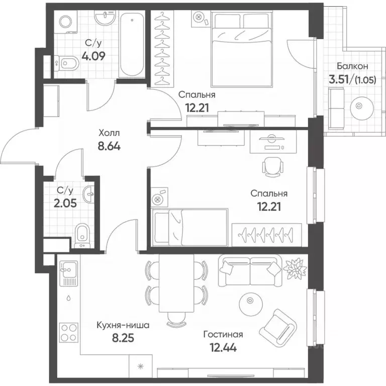 3-к кв. Татарстан, Казань Квартал Сюита жилой комплекс (60.94 м) - Фото 1