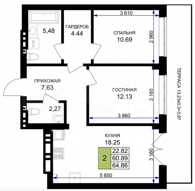 2-к. квартира, 64,9 м, 1/7 эт. - Фото 1