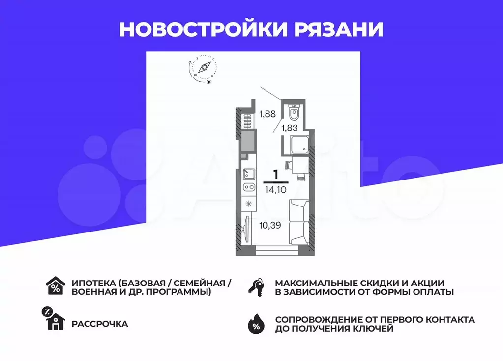 1-к. квартира, 14,1 м, 21/25 эт. - Фото 0