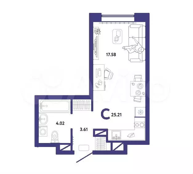 Квартира-студия, 25,2 м, 15/16 эт. - Фото 1