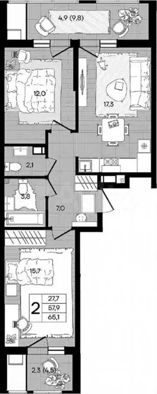 2-к. квартира, 65,1м, 3/9эт. - Фото 1