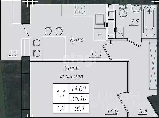 1-к кв. Курская область, Курск ул. Энгельса, 158к1 (36.7 м) - Фото 2