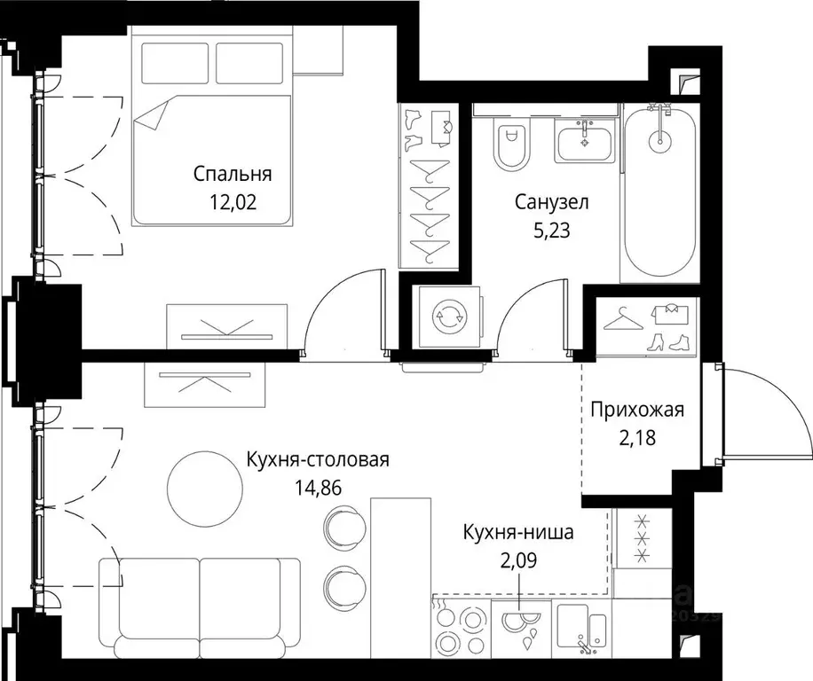 Квартира, 1 комната, 36.38 м - Фото 2