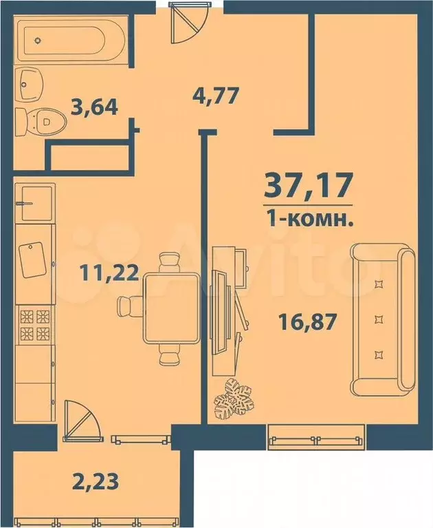 1-к. квартира, 37,2 м, 6/7 эт. - Фото 1