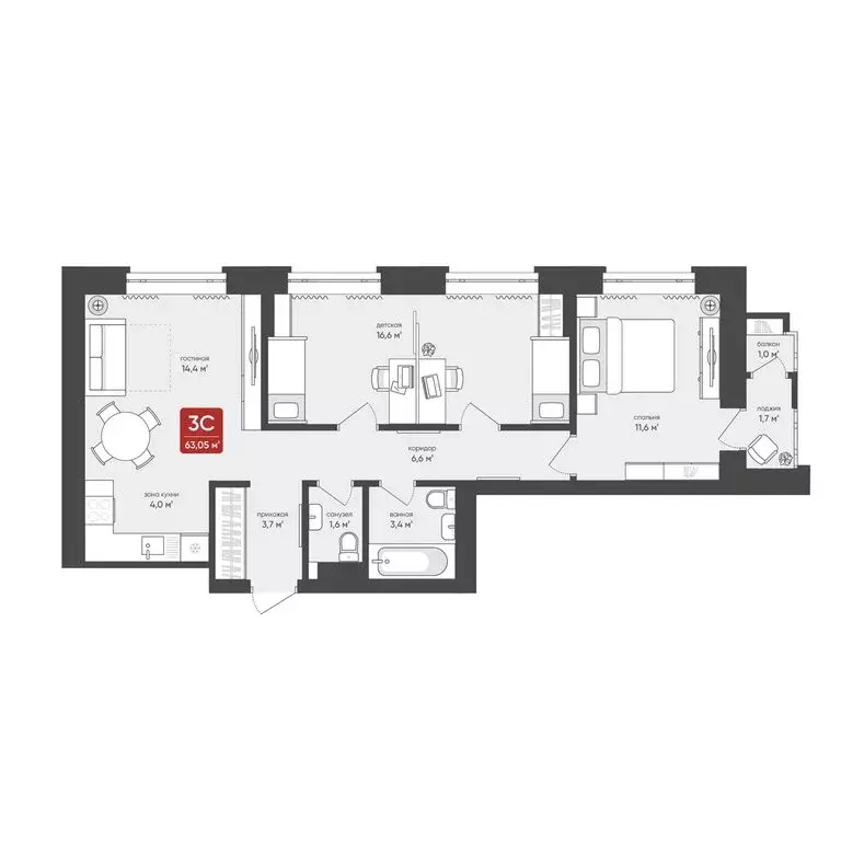 3-комнатная квартира: Новосибирск, Промышленная улица, 7 (63.05 м) - Фото 1