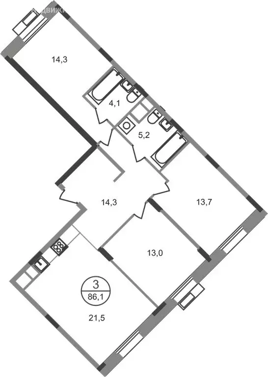 3-комнатная квартира: посёлок городского типа Заречье, жилой комплекс ... - Фото 1