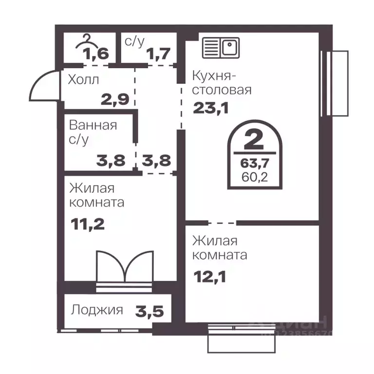 2-к кв. Челябинская область, Челябинск просп. Ленина, 19В (60.2 м) - Фото 0