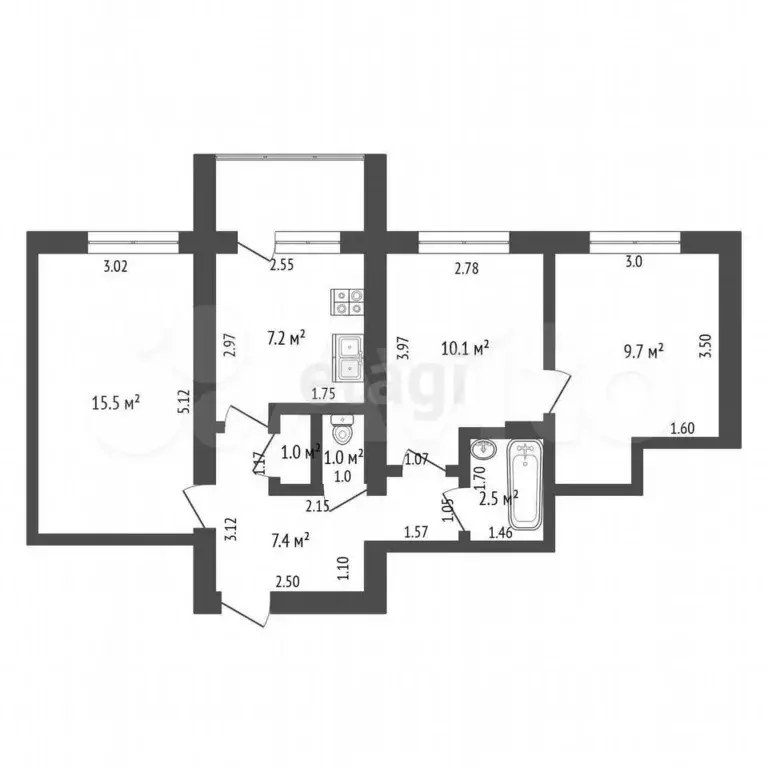 3-к. квартира, 54,4 м, 5/5 эт. - Фото 0