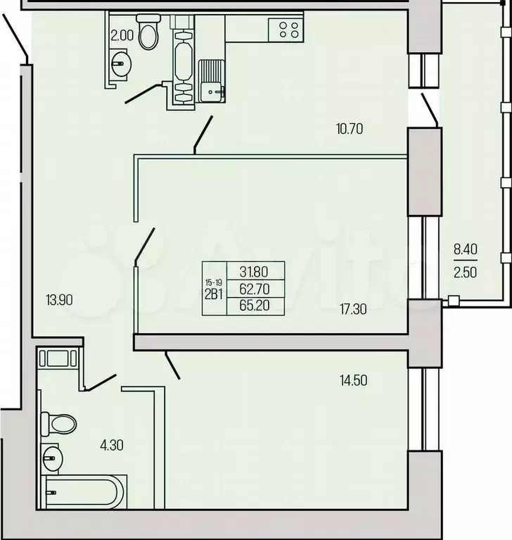 2-к. квартира, 65,2 м, 19/21 эт. - Фото 1
