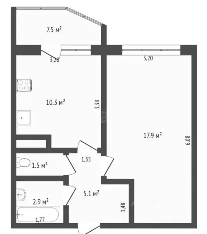 Квартира, 1 комната, 35.5 м - Фото 1